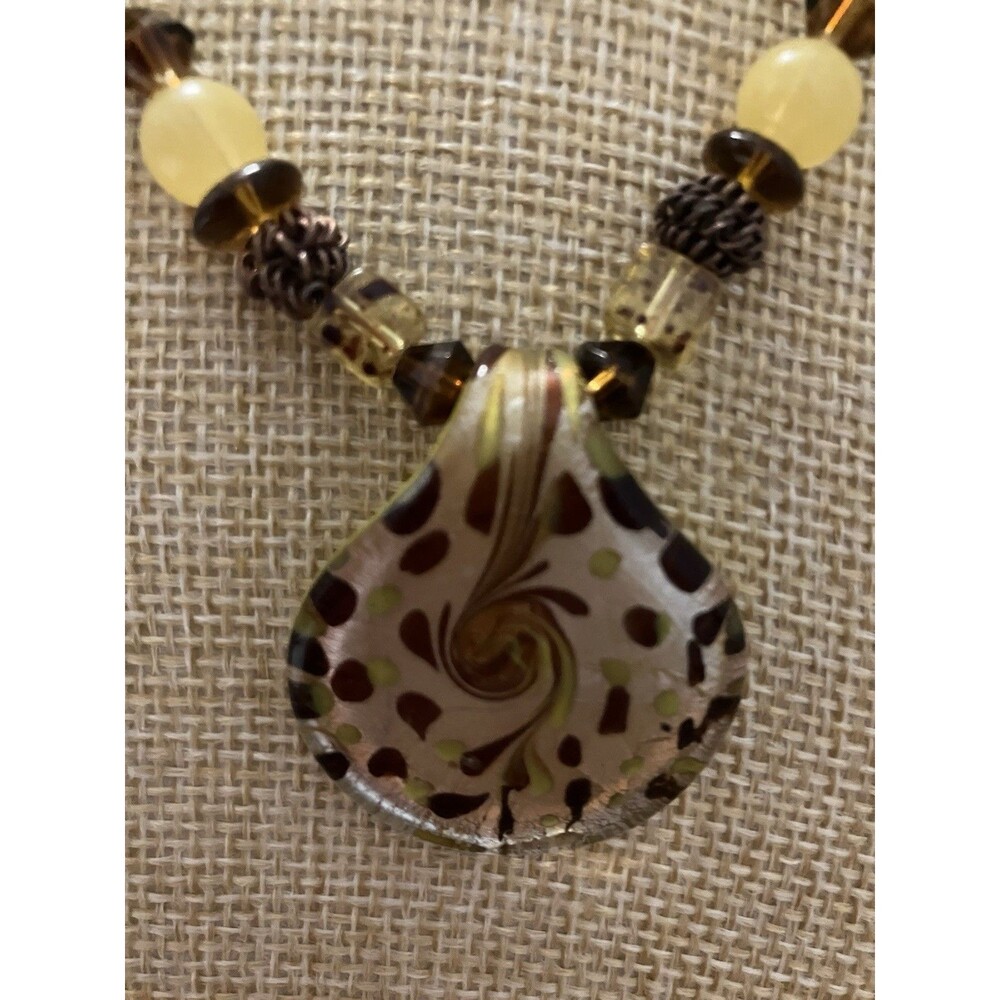 Handcrafted Art Glass Bead Necklace In Brown With Pendant, Barrel Clasp - Picture 2 of 3